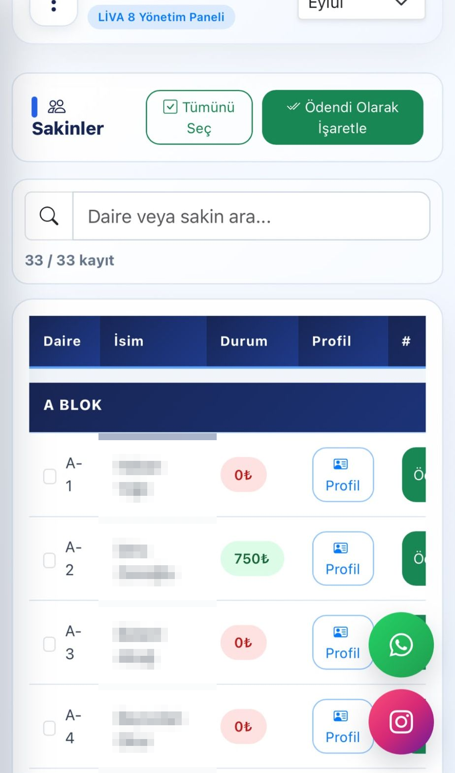 Sakinler ve aidat durumu ekranı